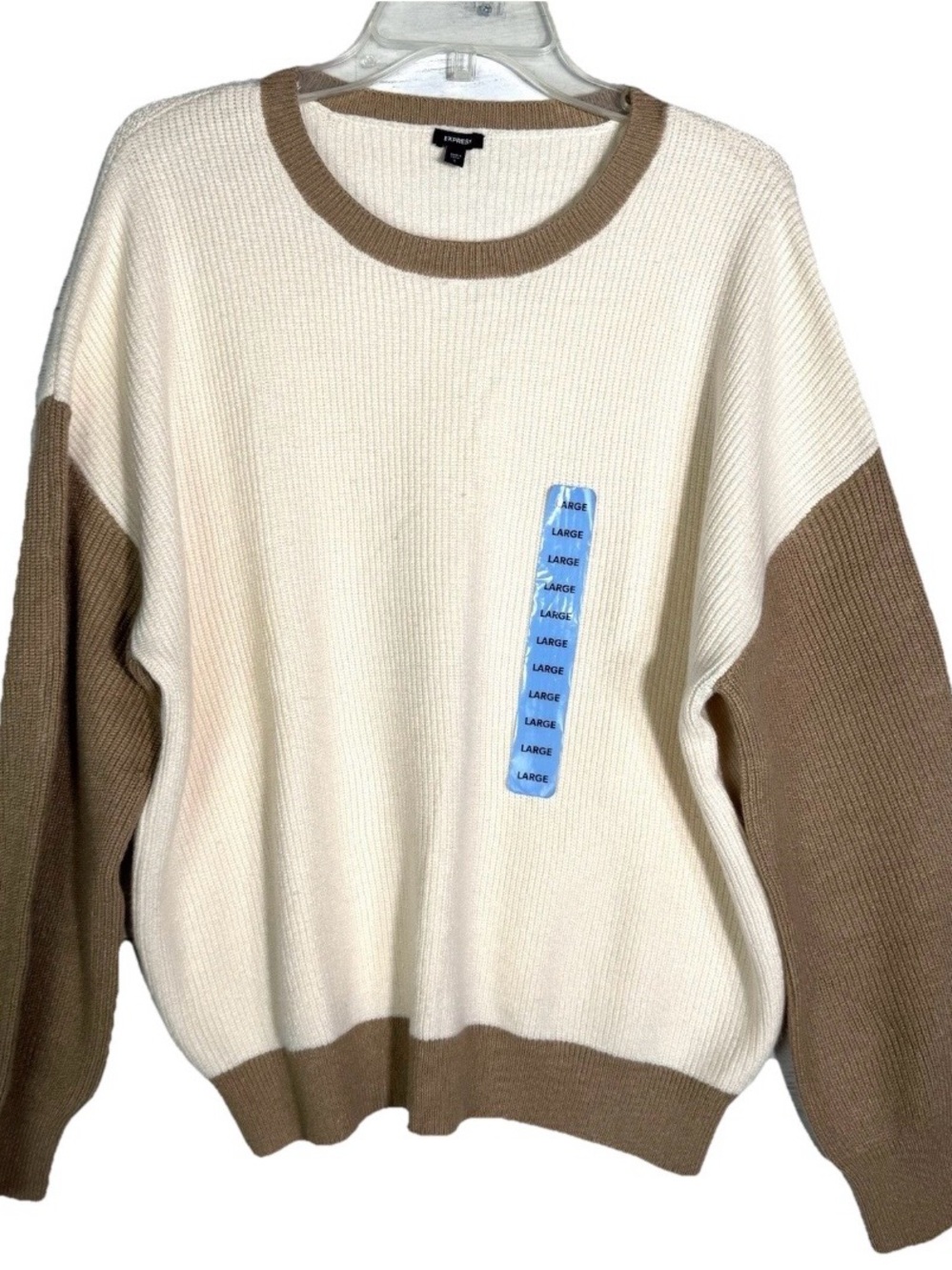 NEW Express Womens Cream Brown Colorblock Sweater Sz Large Oversized Soft